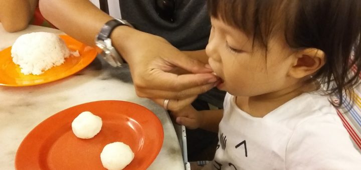 Mushy chicken rice balls for the kids. Aisha was disappointed because she thought they were fish balls but they weren't so she just ate normal white rice instead.