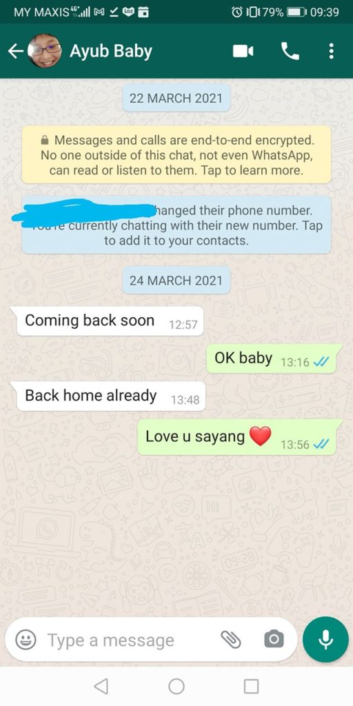 whatsapp text reads coming back soon, ok baby, back home already, love you sayang, red heart emoji